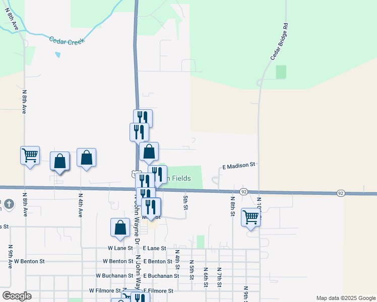 map of restaurants, bars, coffee shops, grocery stores, and more near 403-549 E Madison St in Winterset