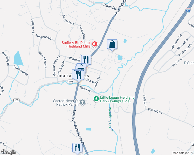 map of restaurants, bars, coffee shops, grocery stores, and more near 9 Tracie Lane in Woodbury