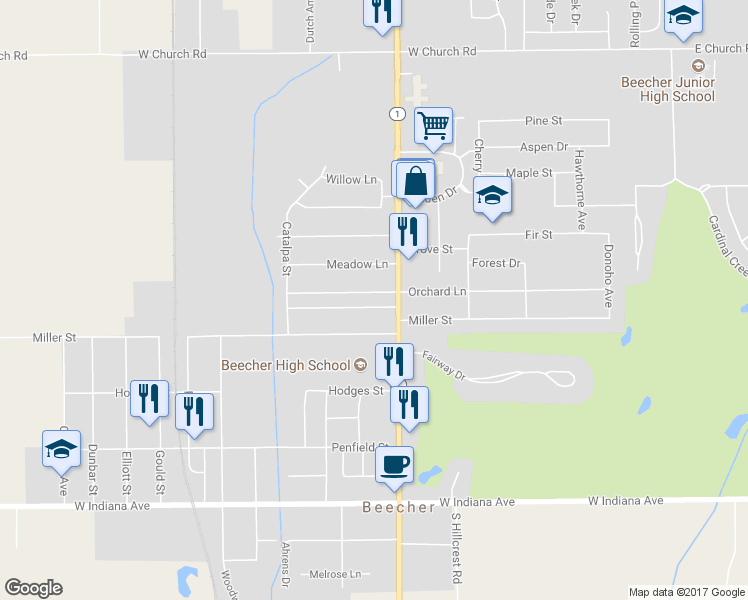 map of restaurants, bars, coffee shops, grocery stores, and more near 522 Orchard Lane in Beecher