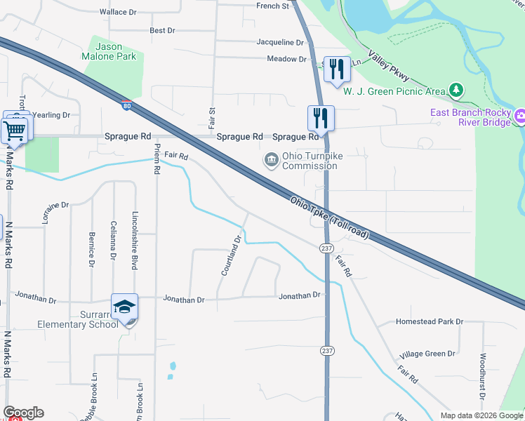 map of restaurants, bars, coffee shops, grocery stores, and more near 8523 Fair Road in Strongsville