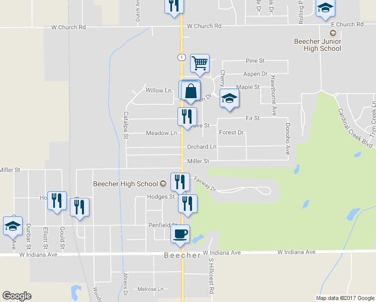 map of restaurants, bars, coffee shops, grocery stores, and more near 470 Orchard Lane in Beecher