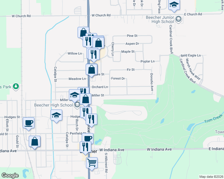 map of restaurants, bars, coffee shops, grocery stores, and more near 352 Orchard Ln in Beecher