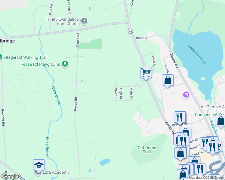 map of restaurants, bars, coffee shops, grocery stores, and more near 10 West Street in Woodbridge