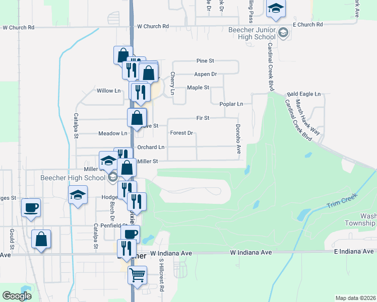 map of restaurants, bars, coffee shops, grocery stores, and more near 312 Orchard Lane in Beecher