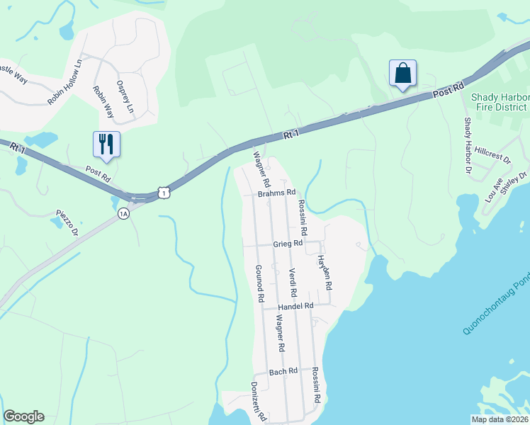 map of restaurants, bars, coffee shops, grocery stores, and more near 17 Wagner Road in Westerly