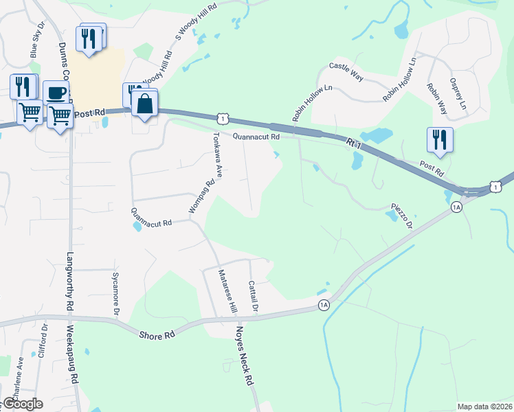 map of restaurants, bars, coffee shops, grocery stores, and more near 16 Sunnyside Drive in Westerly