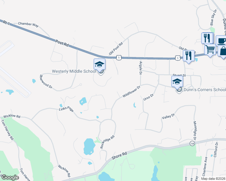 map of restaurants, bars, coffee shops, grocery stores, and more near 9 Canyon Drive in Westerly