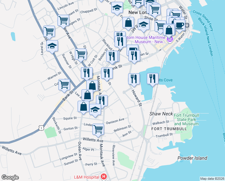 map of restaurants, bars, coffee shops, grocery stores, and more near 61 Shaw Street in New London