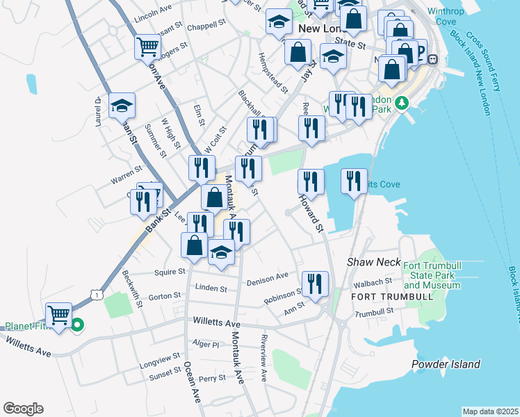 map of restaurants, bars, coffee shops, grocery stores, and more near 61 Shaw Street in New London
