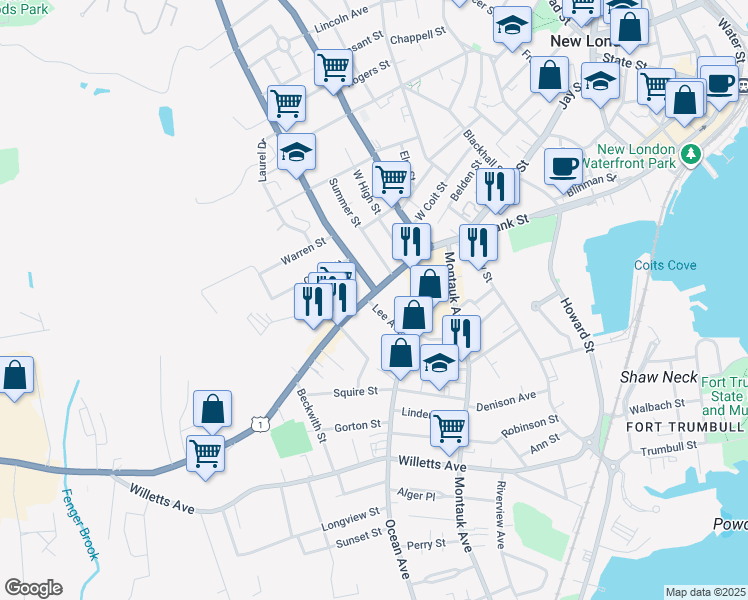 map of restaurants, bars, coffee shops, grocery stores, and more near 883 Bank Street in New London