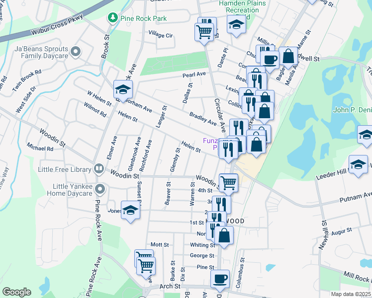 map of restaurants, bars, coffee shops, grocery stores, and more near 101 Helen Street in Hamden
