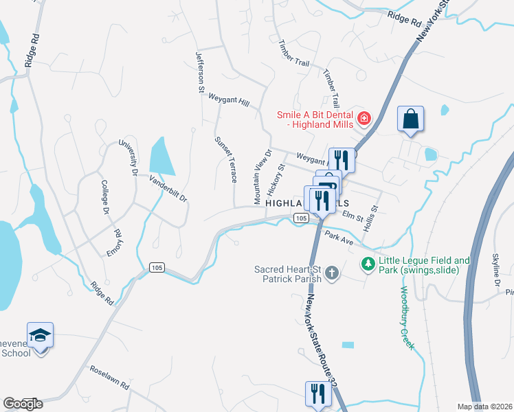 map of restaurants, bars, coffee shops, grocery stores, and more near 1 Mountainview Drive in Woodbury