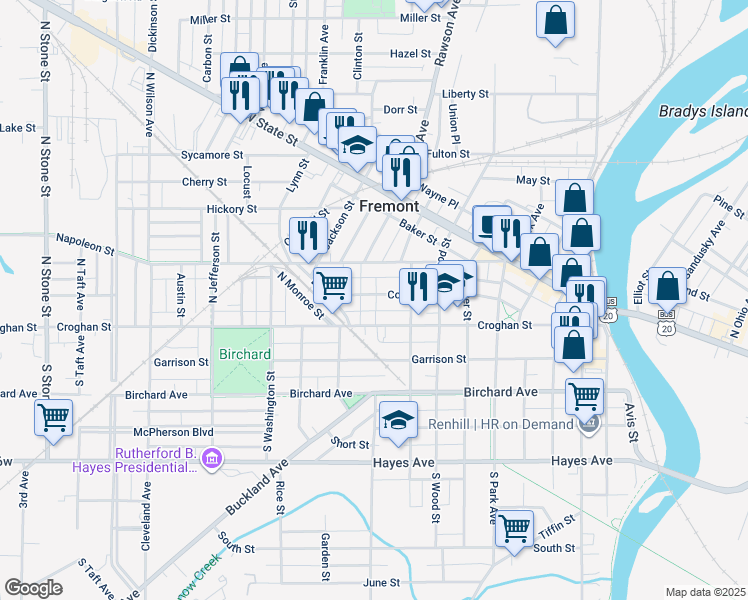 map of restaurants, bars, coffee shops, grocery stores, and more near 1003 Court Street in Fremont