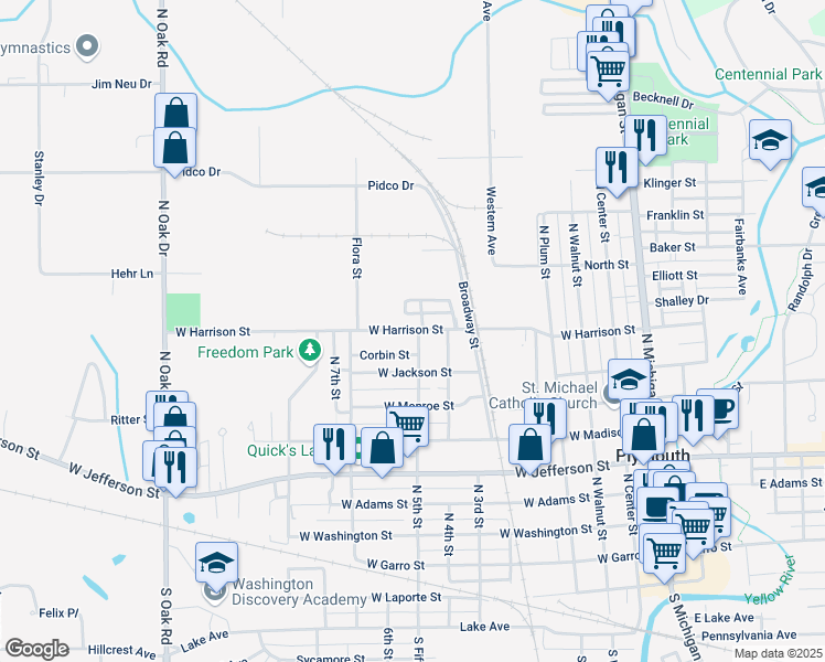 map of restaurants, bars, coffee shops, grocery stores, and more near 901 West Harrison Street in Plymouth