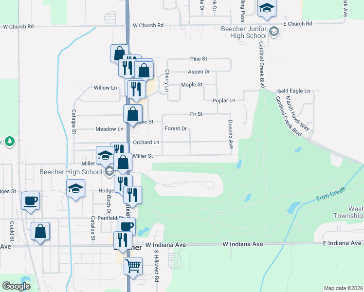 map of restaurants, bars, coffee shops, grocery stores, and more near 312 Orchard Lane in Beecher