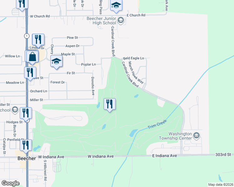map of restaurants, bars, coffee shops, grocery stores, and more near 29990 South Great Egret Drive in Beecher
