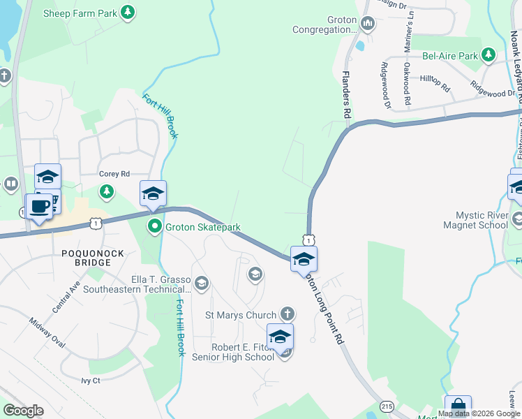 map of restaurants, bars, coffee shops, grocery stores, and more near 3 Fort Hill Road in Groton