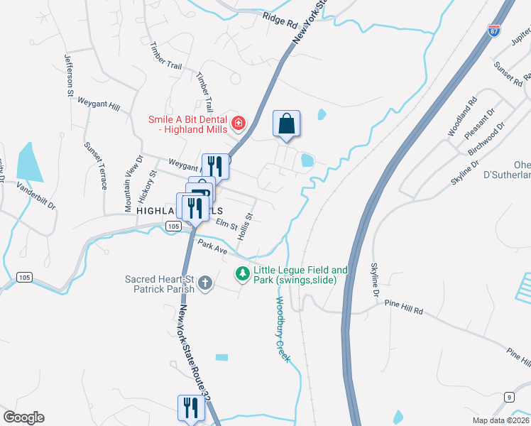 map of restaurants, bars, coffee shops, grocery stores, and more near 32 Hollis Street in Woodbury