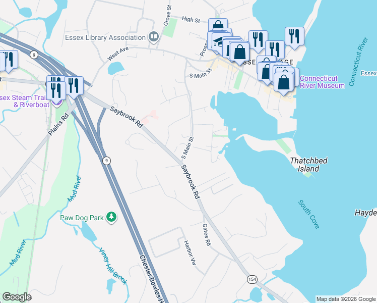 map of restaurants, bars, coffee shops, grocery stores, and more near 69 South Main Street in Essex