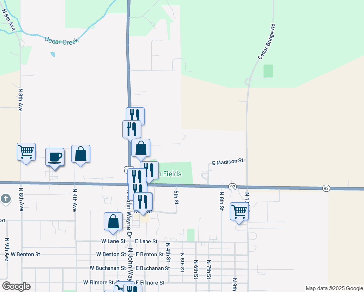 map of restaurants, bars, coffee shops, grocery stores, and more near 549 E Madison St in Winterset