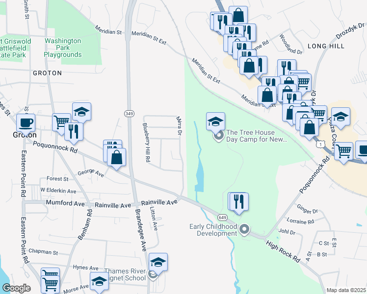 map of restaurants, bars, coffee shops, grocery stores, and more near 58 Mirra Drive in Groton