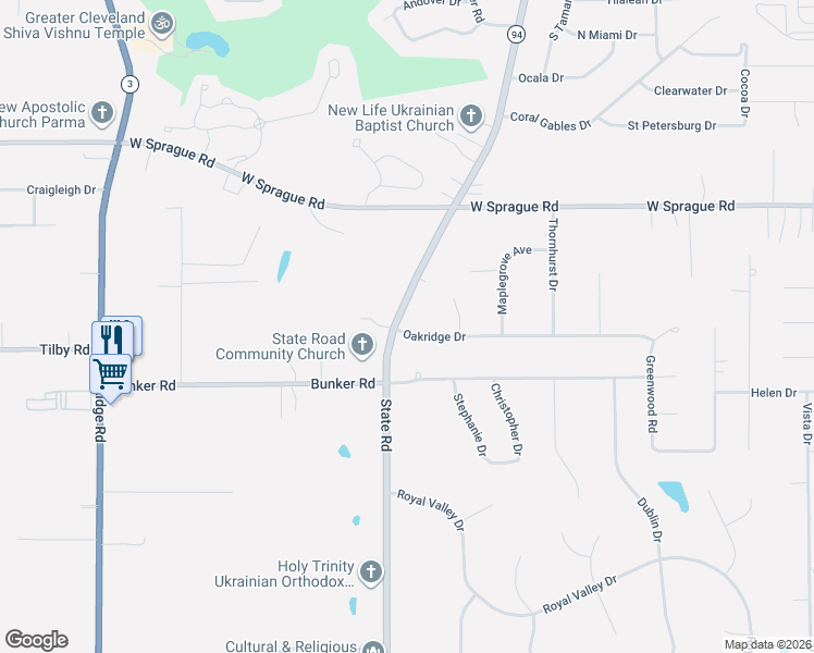map of restaurants, bars, coffee shops, grocery stores, and more near 8250 State Road in North Royalton