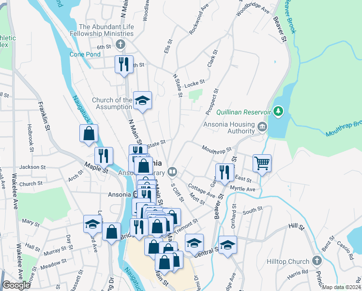 map of restaurants, bars, coffee shops, grocery stores, and more near 41 Prospect Street in Ansonia