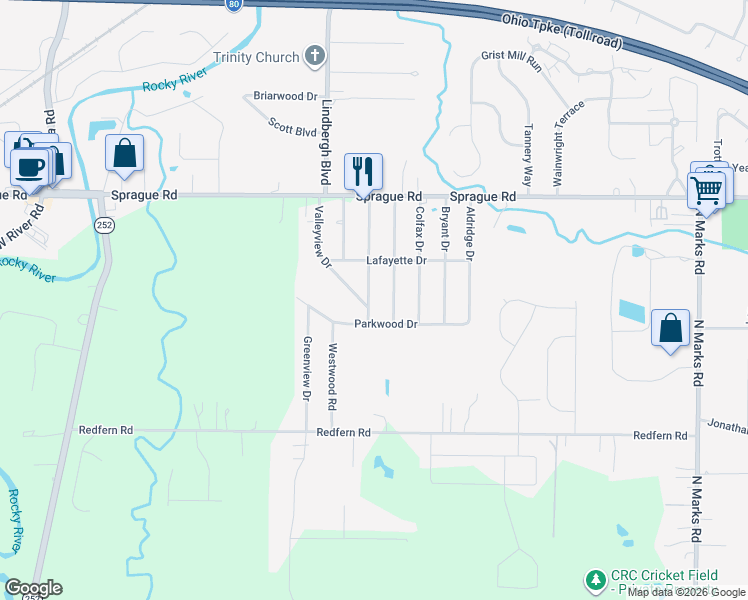 map of restaurants, bars, coffee shops, grocery stores, and more near 10145 Emerson Street in Columbia Station