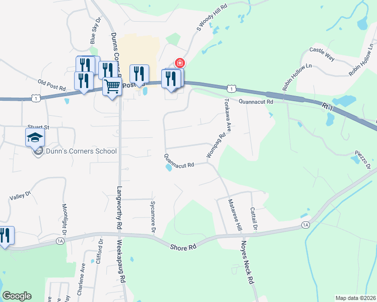 map of restaurants, bars, coffee shops, grocery stores, and more near 12 Wetomachick Avenue in Westerly