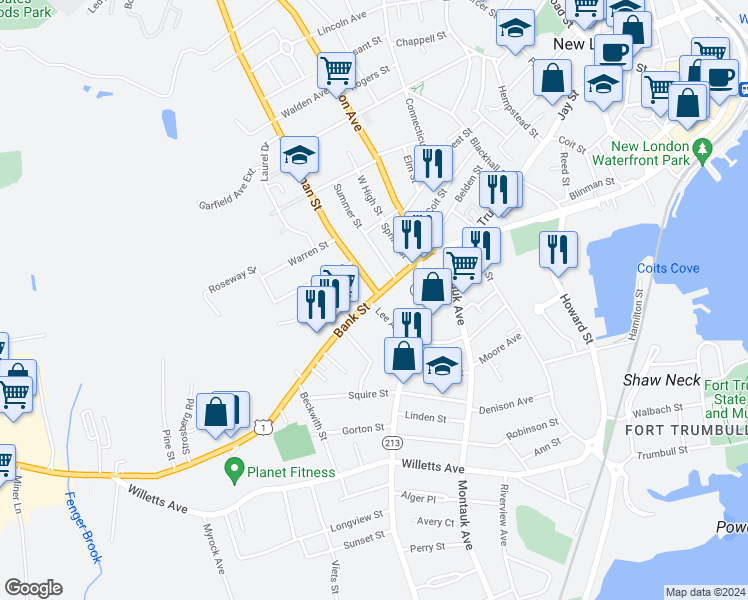 map of restaurants, bars, coffee shops, grocery stores, and more near 883 Bank Street in New London