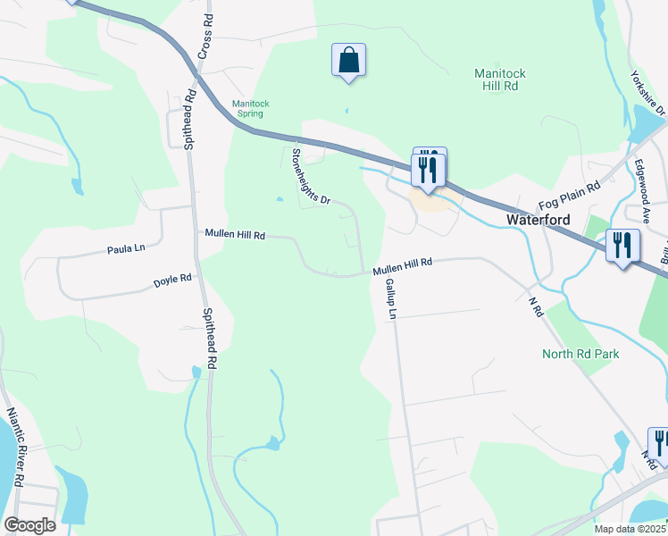 map of restaurants, bars, coffee shops, grocery stores, and more near 69 Mullen Hill Road in Waterford