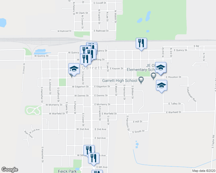 map of restaurants, bars, coffee shops, grocery stores, and more near 298 E Edgerton St in Garrett