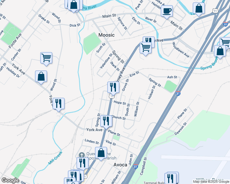 map of restaurants, bars, coffee shops, grocery stores, and more near 1376 Main Street in Pittston
