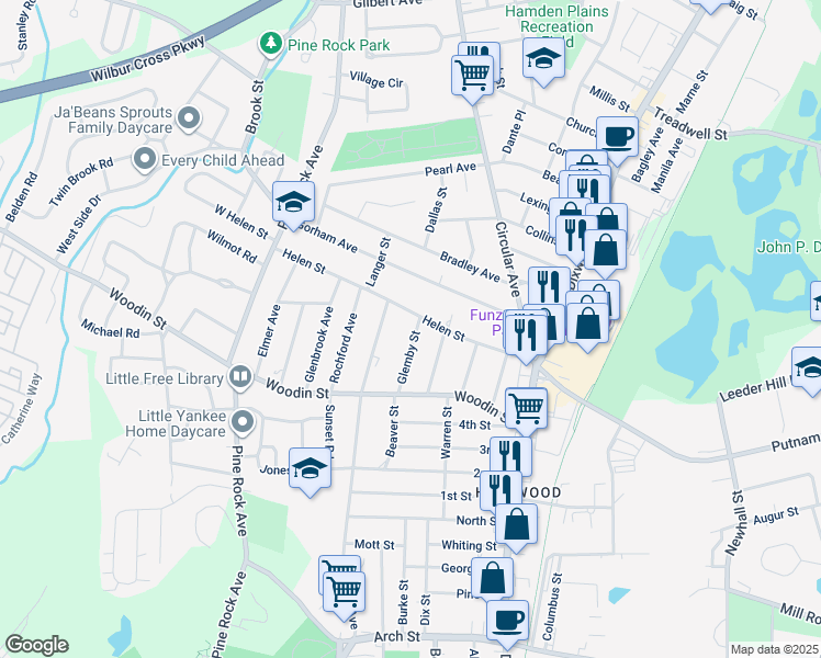 map of restaurants, bars, coffee shops, grocery stores, and more near 70 Glemby Street in Hamden