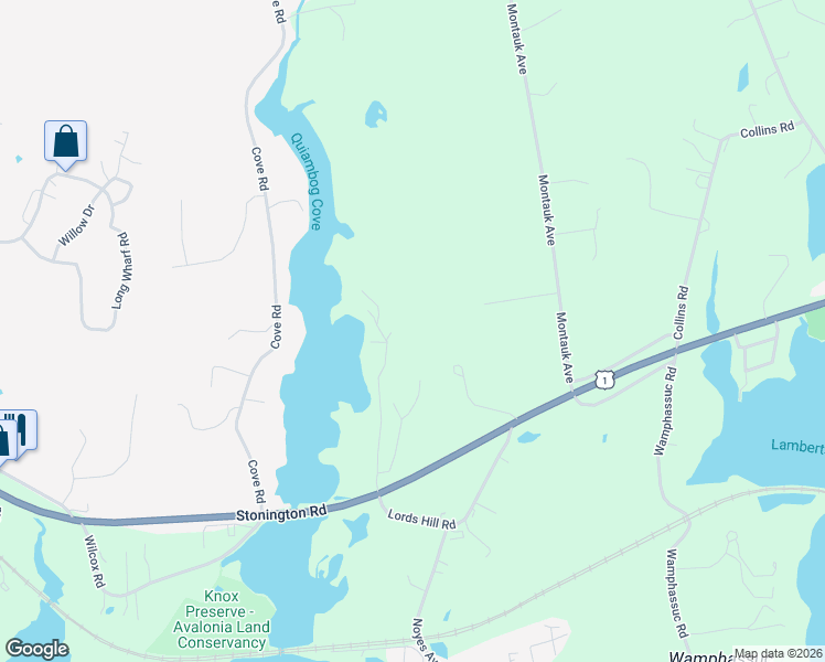 map of restaurants, bars, coffee shops, grocery stores, and more near 48 Wilbur Road in Stonington