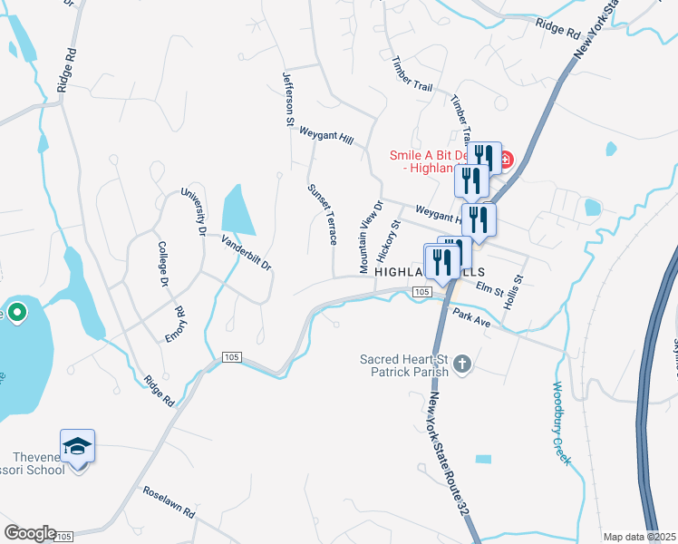 map of restaurants, bars, coffee shops, grocery stores, and more near 4 Sunset Terrace in Woodbury