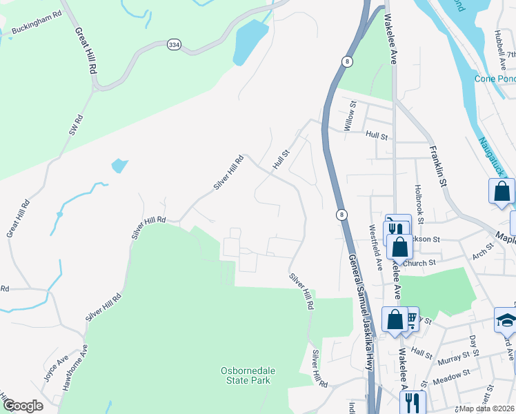 map of restaurants, bars, coffee shops, grocery stores, and more near 154 Hull Street in Ansonia