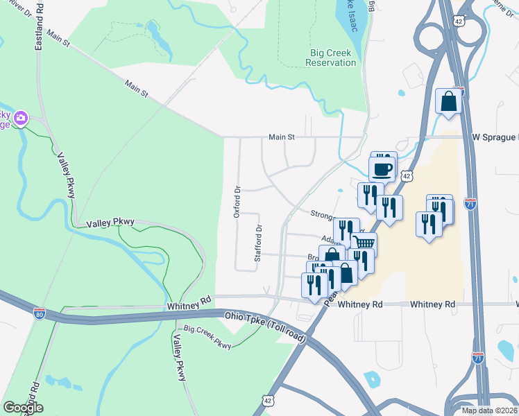 map of restaurants, bars, coffee shops, grocery stores, and more near 18622 Stafford Drive in Strongsville