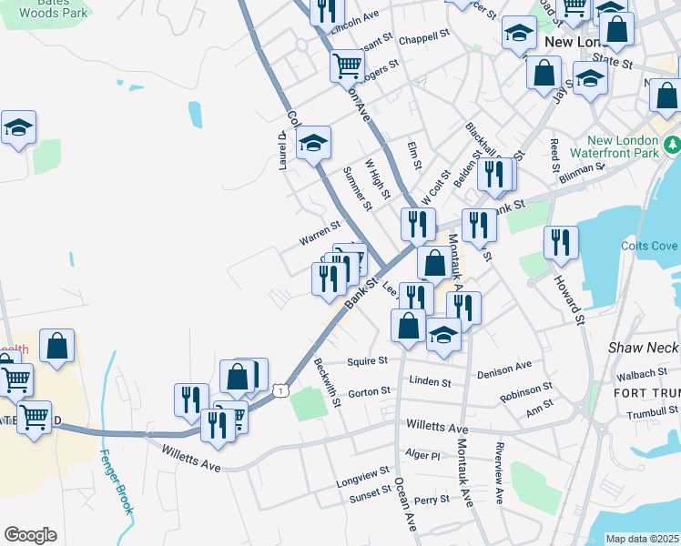 map of restaurants, bars, coffee shops, grocery stores, and more near 26 Braemer Place in New London