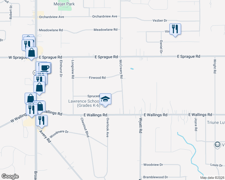 map of restaurants, bars, coffee shops, grocery stores, and more near 1417 Sprucedale Road in Broadview Heights