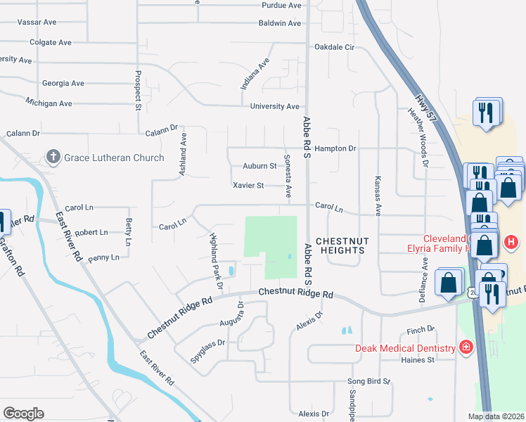 map of restaurants, bars, coffee shops, grocery stores, and more near 423 Carol Lane in Elyria