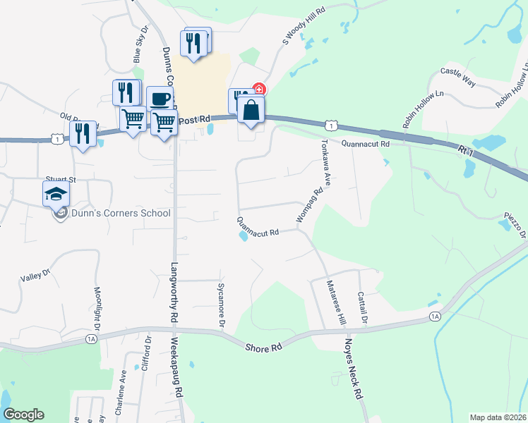 map of restaurants, bars, coffee shops, grocery stores, and more near 12 Wetomachick Avenue in Westerly