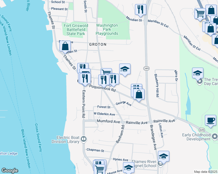 map of restaurants, bars, coffee shops, grocery stores, and more near 106 Poquonnock Road in Groton