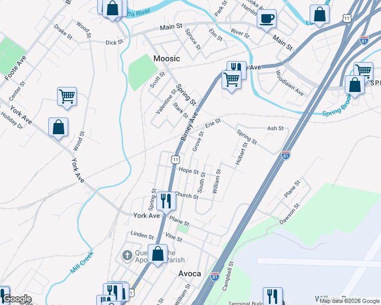 map of restaurants, bars, coffee shops, grocery stores, and more near 1401 Grove Street in Avoca