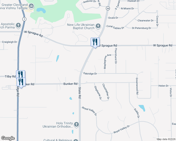 map of restaurants, bars, coffee shops, grocery stores, and more near 5252 Oakridge Dr in North Royalton