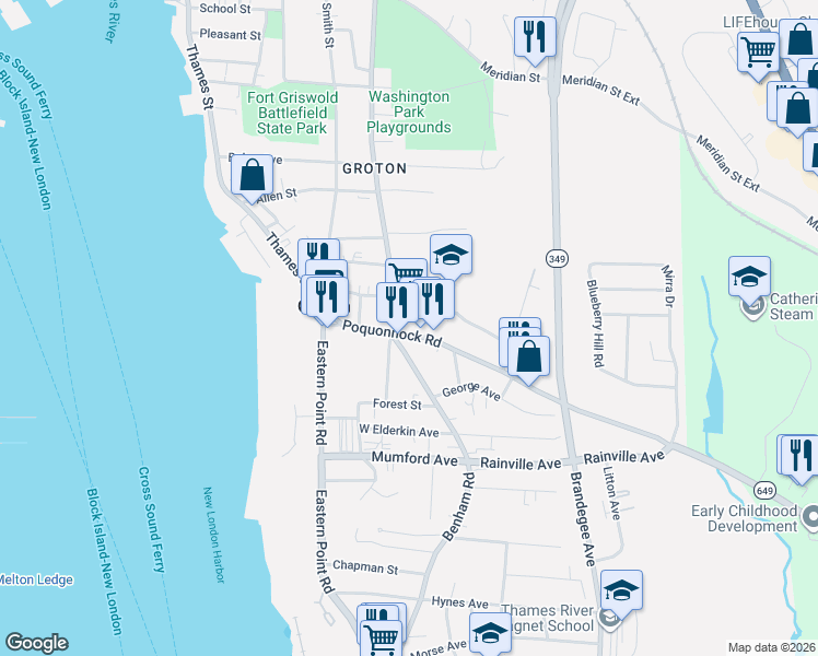 map of restaurants, bars, coffee shops, grocery stores, and more near 106 Poquonnock Road in Groton