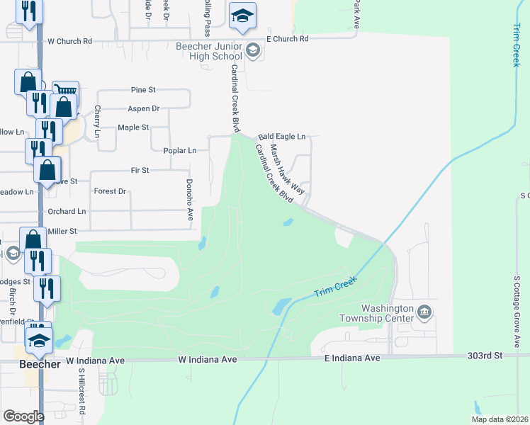 map of restaurants, bars, coffee shops, grocery stores, and more near 29990 South Great Egret Drive in Beecher