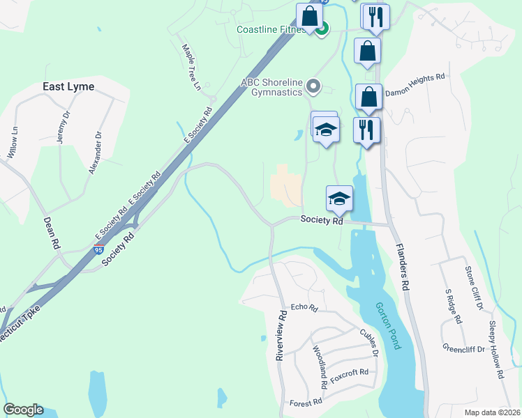 map of restaurants, bars, coffee shops, grocery stores, and more near 55 Society Road in East Lyme