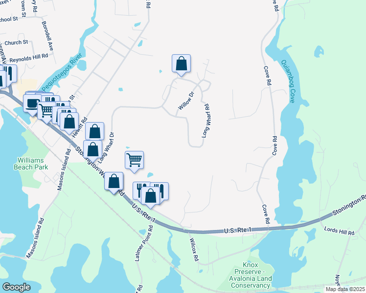 map of restaurants, bars, coffee shops, grocery stores, and more near 168 Long Wharf Road in Stonington