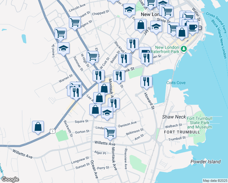 map of restaurants, bars, coffee shops, grocery stores, and more near 50 Montauk Avenue in New London